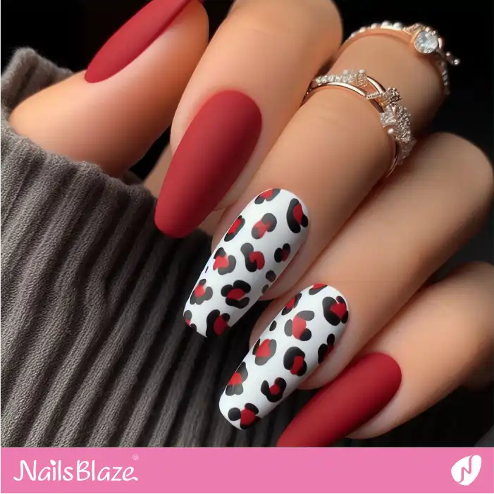 Red Nails with White Leopard Print Nails | Animal Print Nails - NB2576